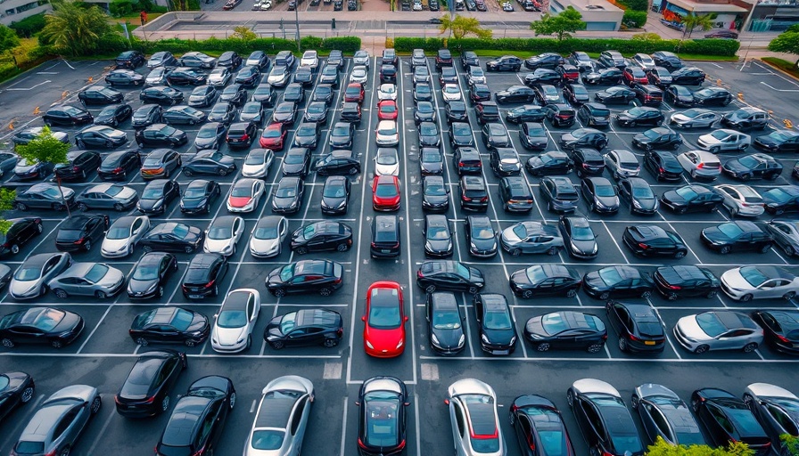 Tesla cars parked in orderly lines at a parking lot, showcasing brand.