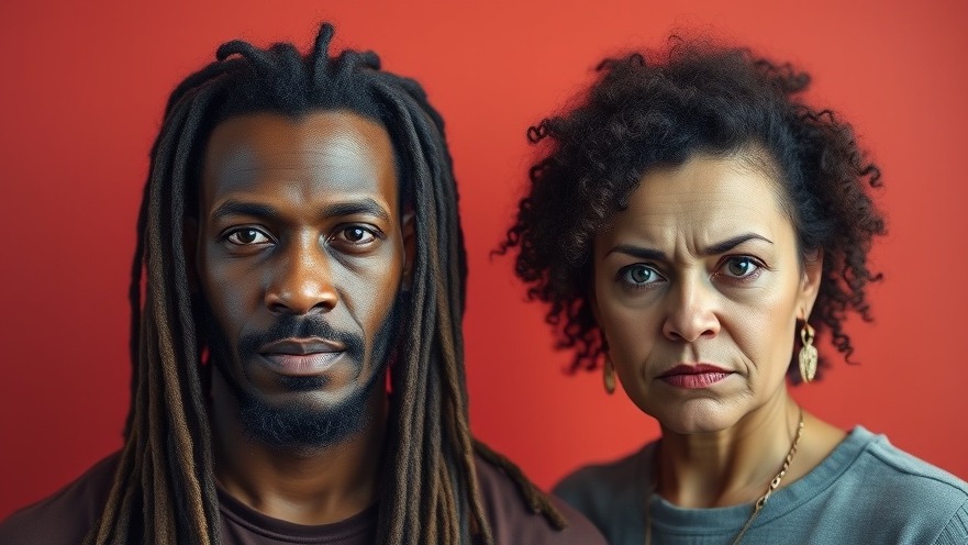 Photorealistic image of two individuals contrasting expressions, reflecting community concerns in Austin.