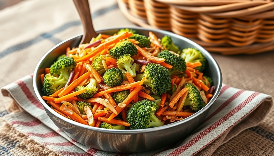 Vibrant broccoli and carrot slaw with miso dressing on a rustic table.