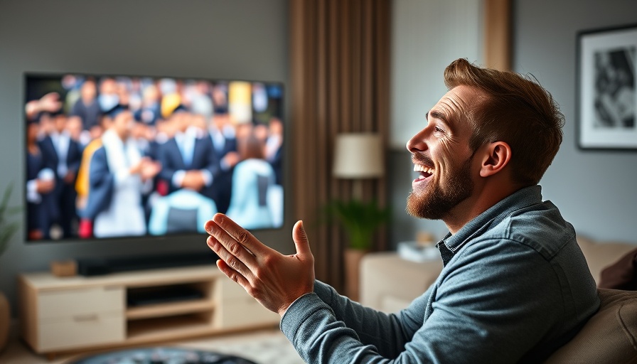 Young man excitedly watching graduation on TV in living room, celebrating sports wins.