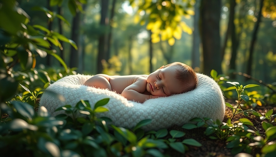 Peaceful newborn sleeping in a forest, highlighting newborns health.