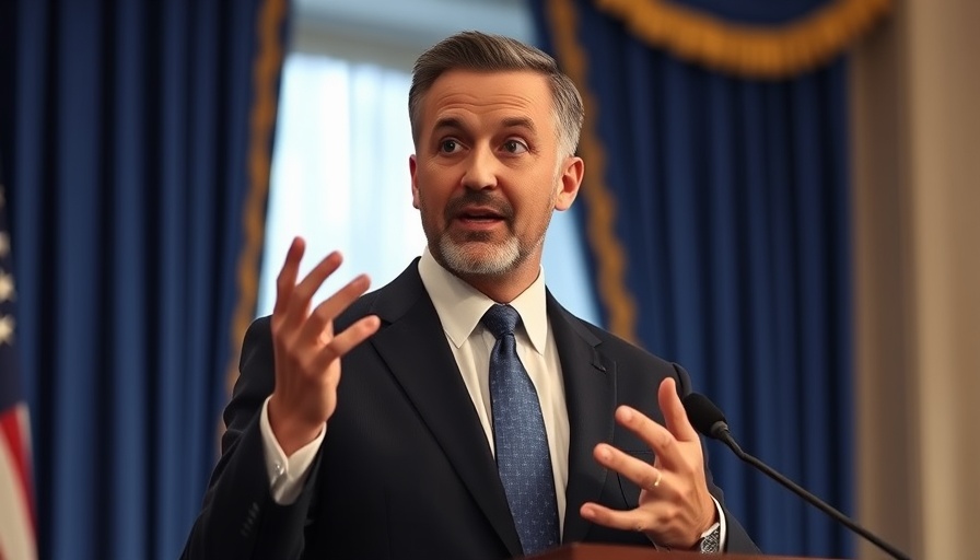 Distinguished speaker delivering speech, blue curtain background