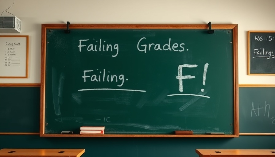 Chalkboard showing failing grades in a classroom; Austin ISD ratings concern.