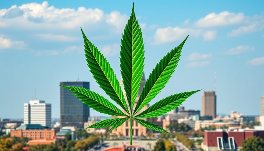Austin skyline with cannabis leaf symbolizing marijuana decriminalization.