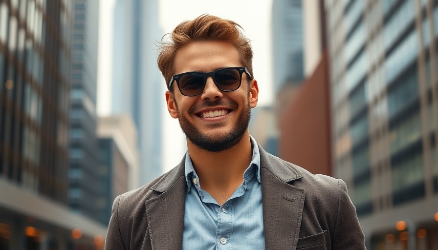 Stylish man smiling in urban cityscape, vibrant colors.