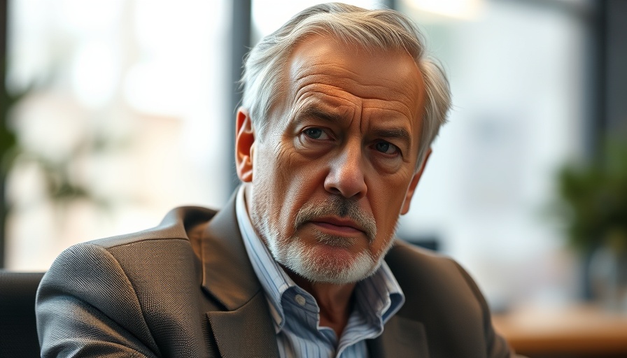 Older man with serious look in office setting, decor background.