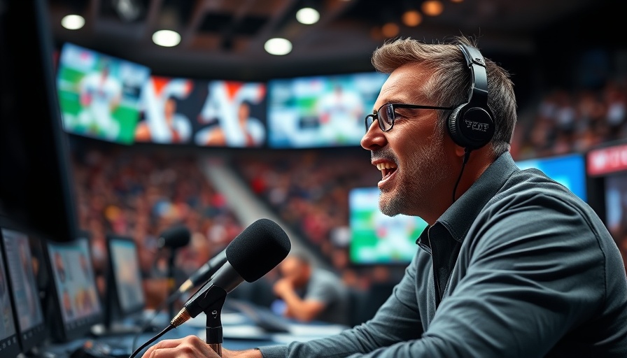 Sports commentator discusses NFL draft rumors in dynamic studio setting.