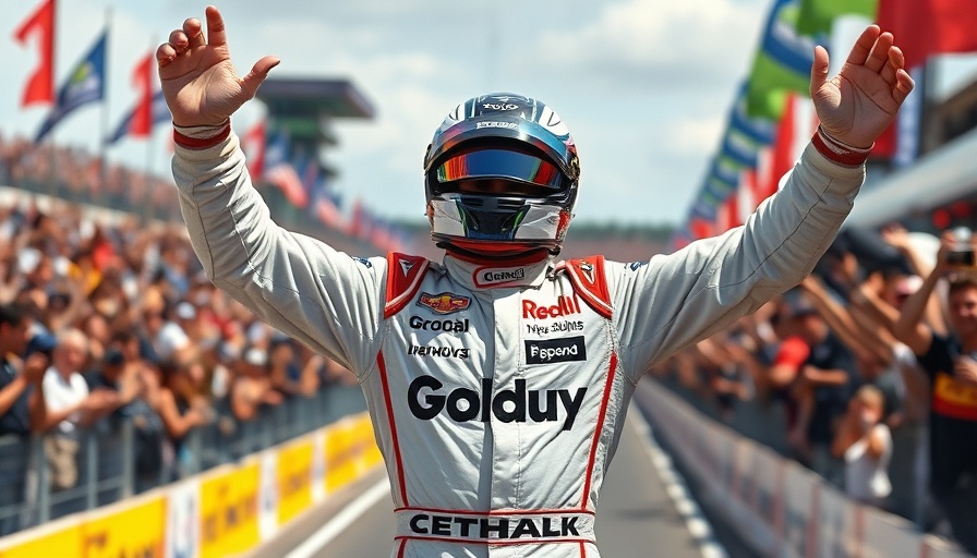 Chase Elliott celebrates victory with raised arms on track.