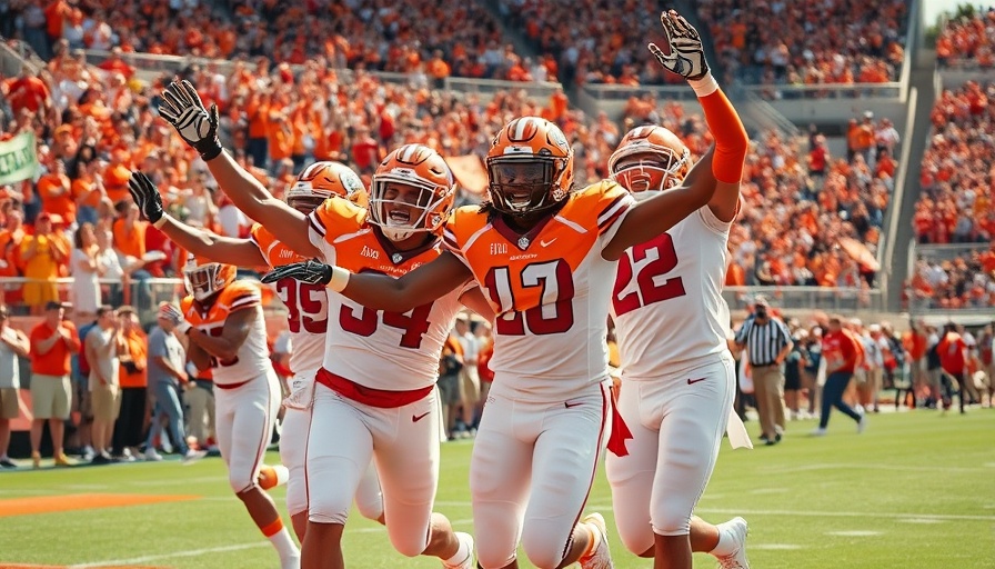 College players celebrate touchdown, vibrant stadium atmosphere