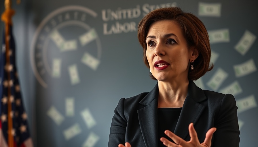 Businesswoman discusses finances, US Department of Labor backdrop, money flow.