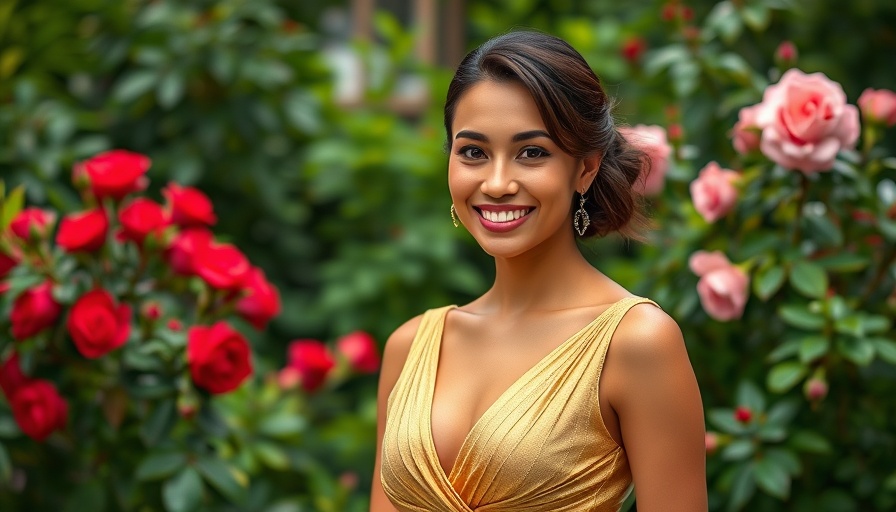 Elegant woman smiling in garden with roses and greenery, symbolizing wellness.