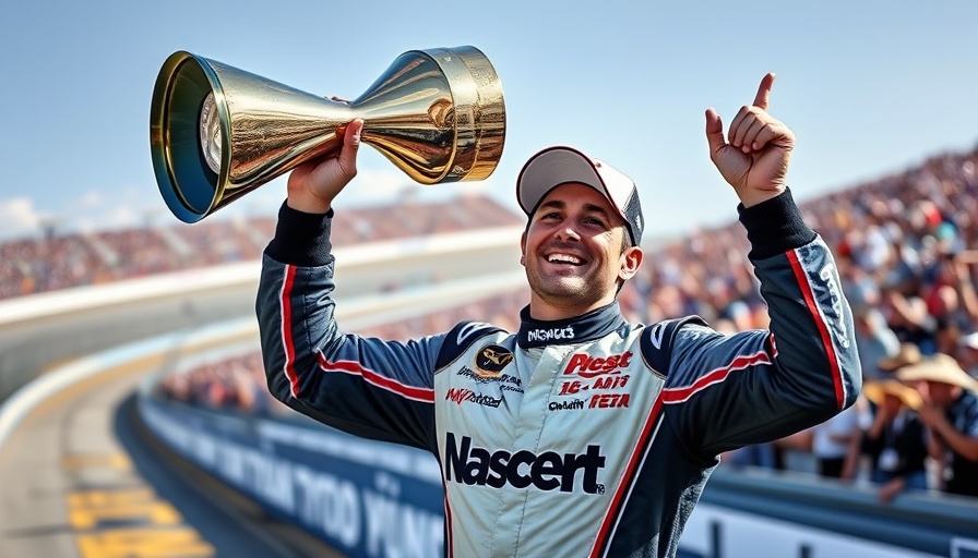 NASCAR driver celebrates Austin Hill Talladega win with trophy.