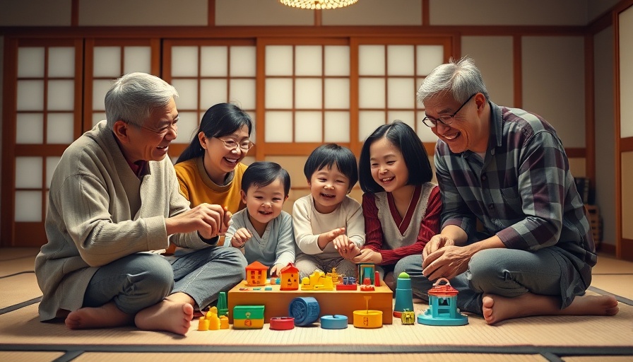 Family gathering playing with child, highlighting Japan's birth rate decline.