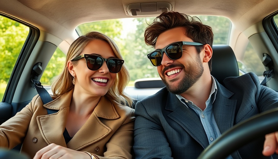 Stylish couple smiling together outdoors in a vehicle.