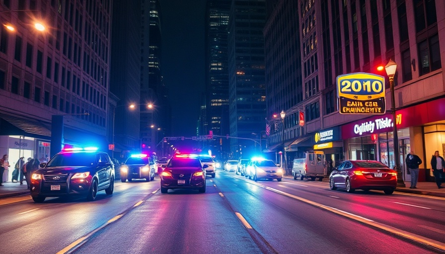 Police lights in Houston street during incident, dramatic and urgent.