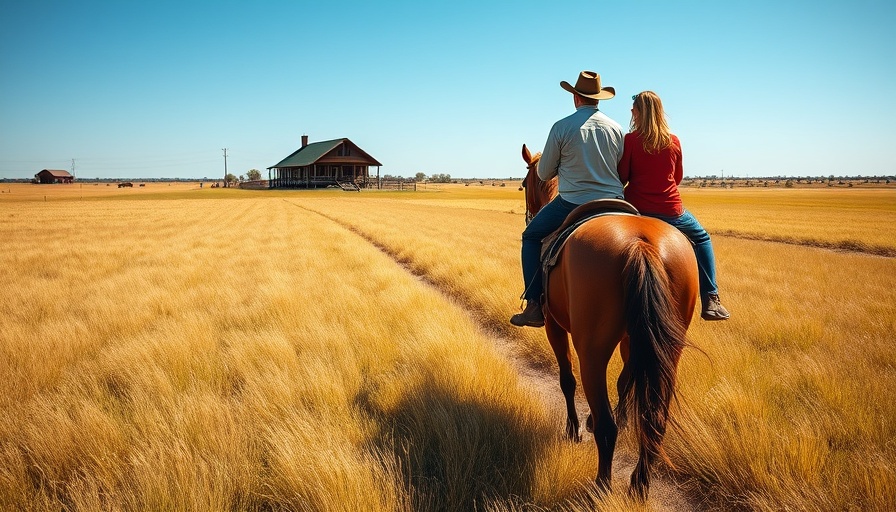 Texas country lifestyle with horseback riders in open field.