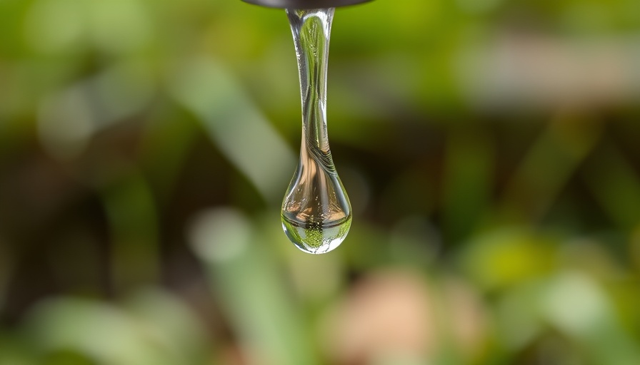 Close-up of dripping faucet with water droplet and blurred green background, Texas water supply legislation.