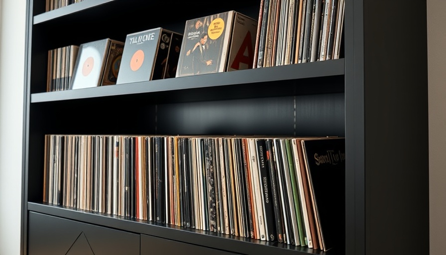Austin lifestyle vinyl record collection on modern black shelf.