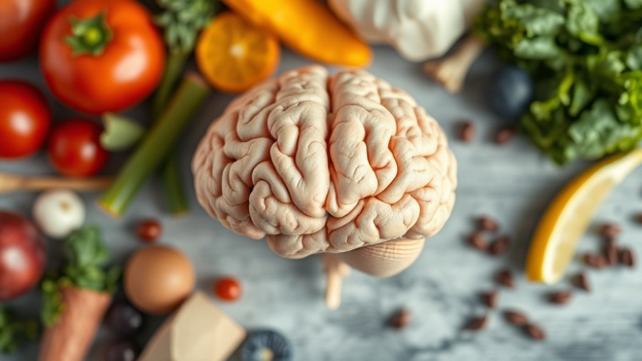 Conceptual image of a human brain surrounded by healthy foods for brain health nutrition.