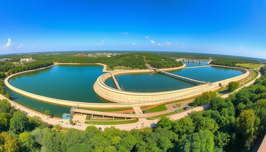 Austin water storage facility in Bastrop County under clear blue sky.