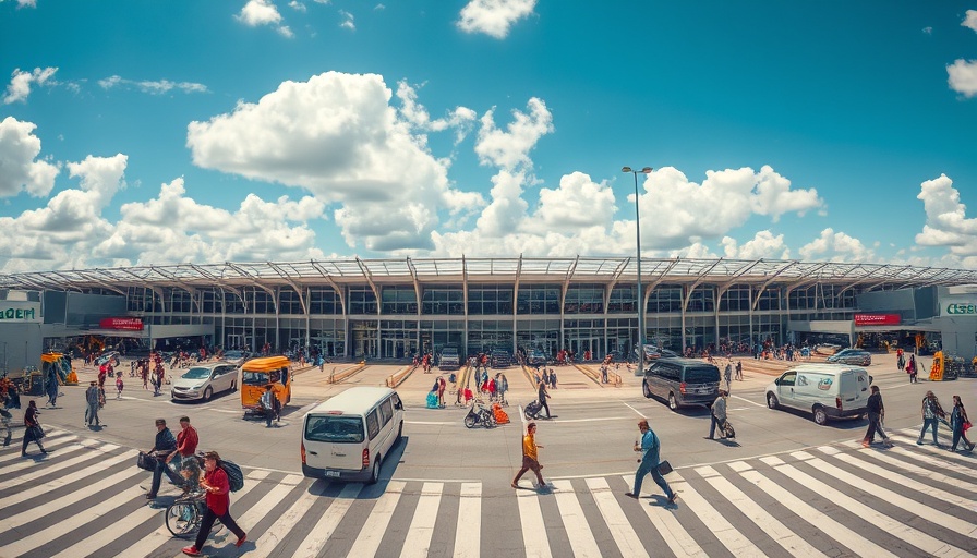 Austin airport terminal with people and vehicles moving, daylight.