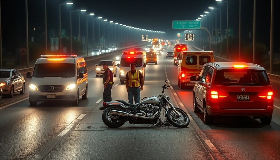 Motorcycle accident on I-35 with emergency response at night.