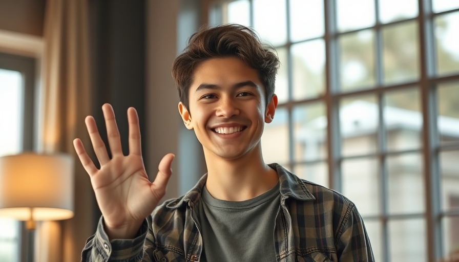 Young person's smiling portrait raising hand indoors, warm light.