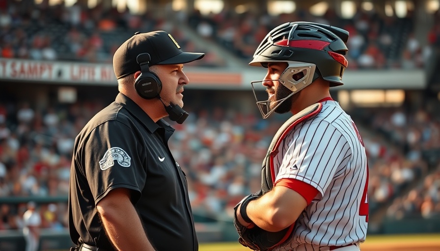 Baseball umpire humorous interaction with catcher on field.