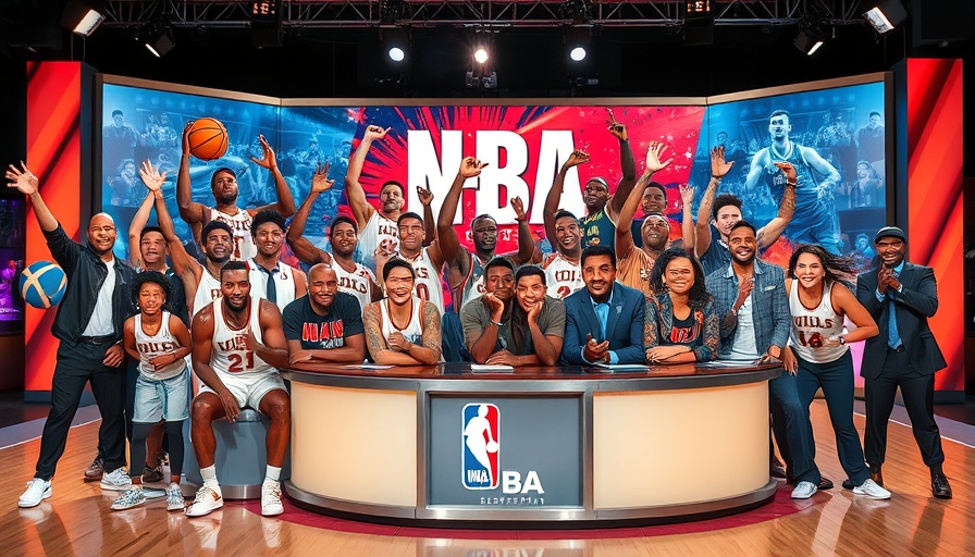 Basketball players and TV hosts in dynamic NBA-themed collage.