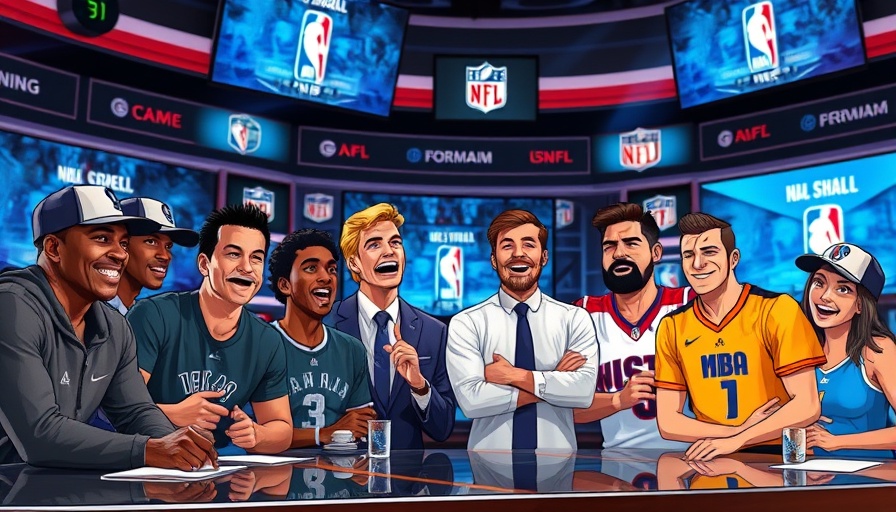 Energetic sports commentators and athletes in a dynamic discussion on NBA Playoffs and NFL Draft Narratives.