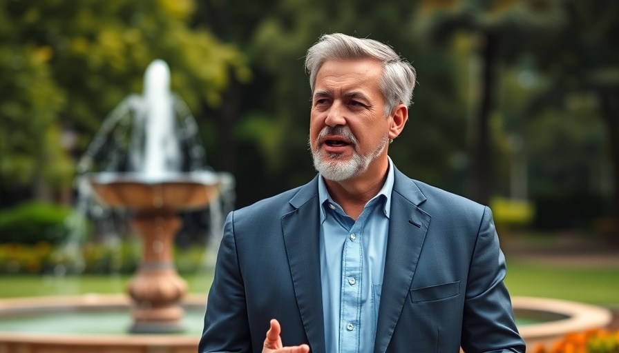 Mature man speaking in a park about the future of autism research.