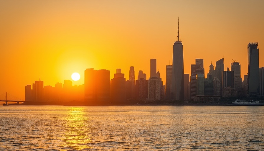 City skyline at sunset reflecting on water, urban landscape.