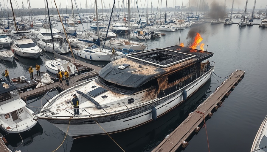 Aerial view of Texas City boat fire aftermath in marina.