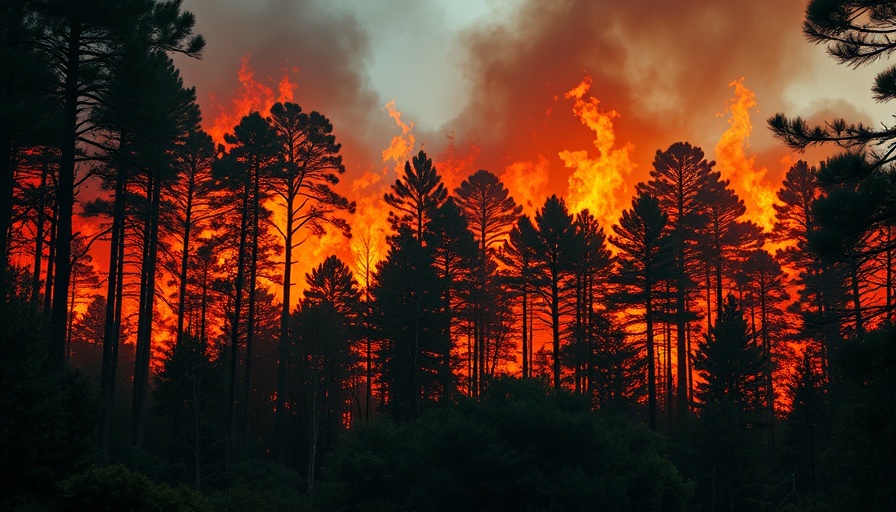 Wildfire affecting forest with flames and smoke rising.