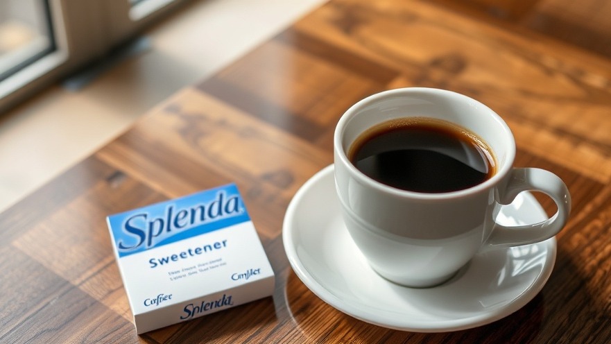 Splenda sweetener beside coffee, highlighting artificial sweeteners and gut health diet.