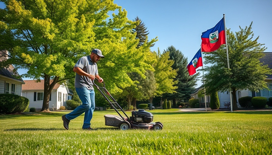 Man mowing lawn with American and Haitian flags in Texas Panhandle.