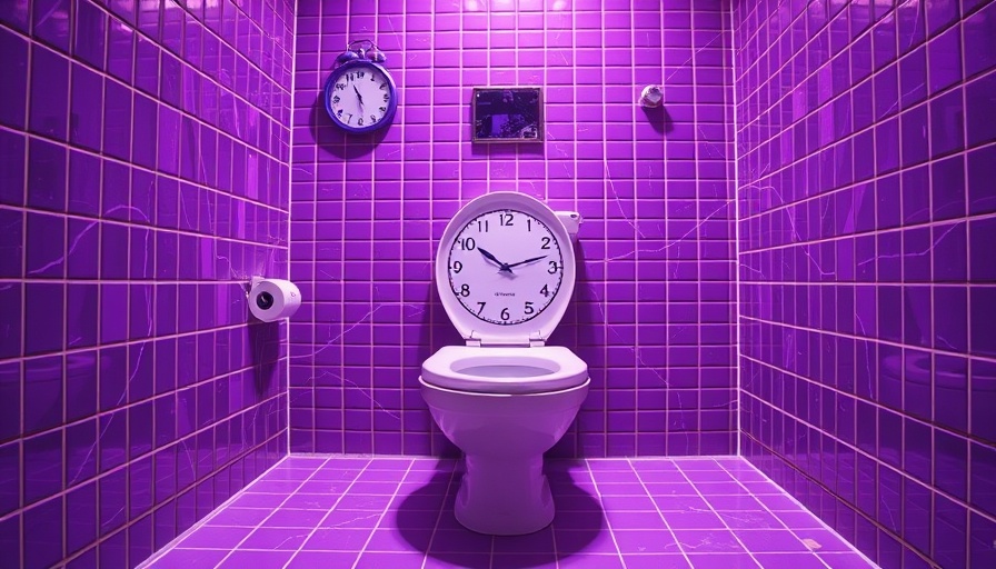 Surreal image of a purple toilet with clocks and grid, types of poopers concept.