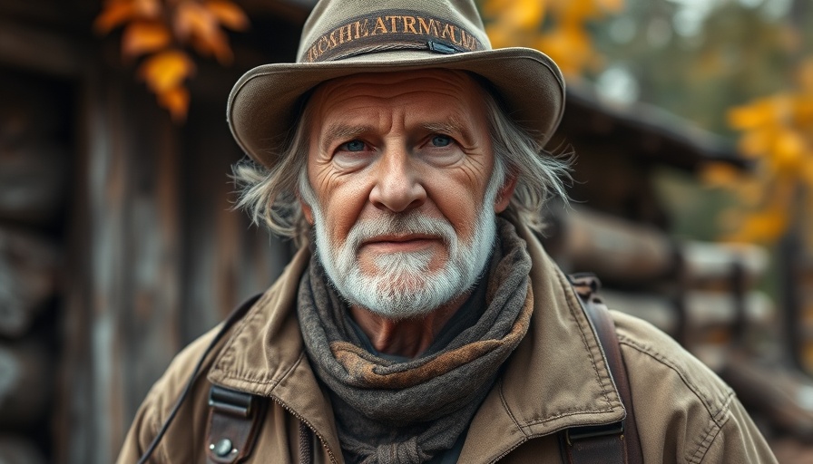Cinematic portrayal of a confident older man outdoors in rustic setting.