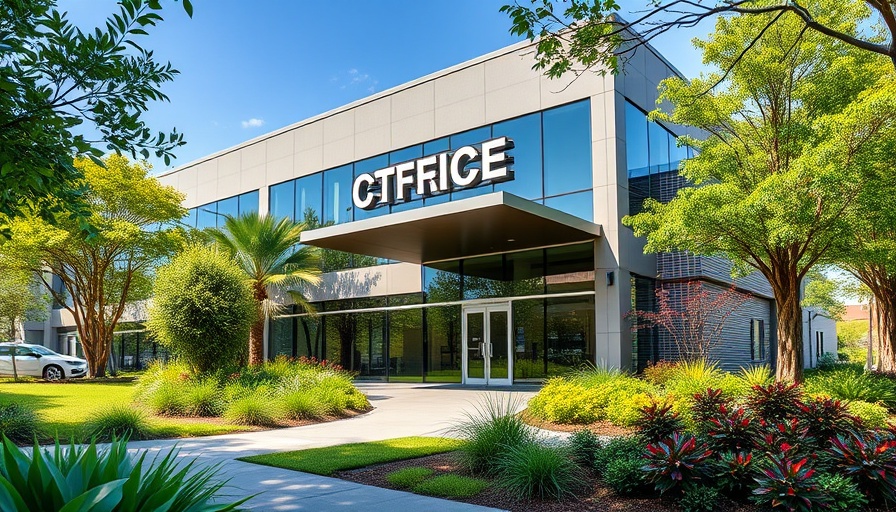 Modern Austin office building with entrance sign, green surroundings.