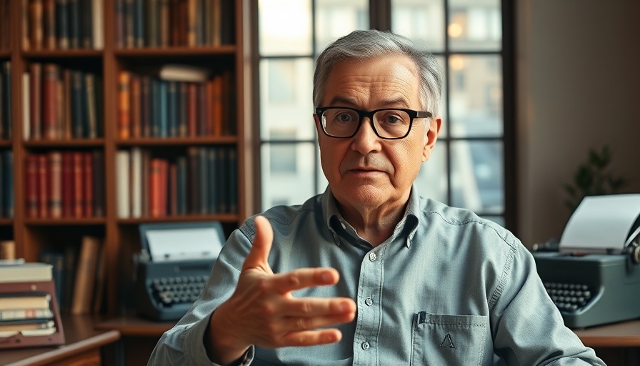 Middle-aged man gesturing in a book-filled office, discussing media bias.