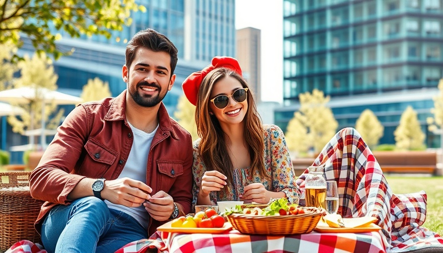 Stylish couple enjoying picnic in Austin park, vibrant lifestyle.