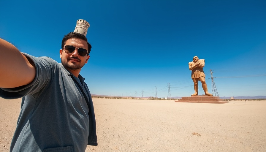 Person takes selfie with statue at SpaceX Starbase city, desert environment.