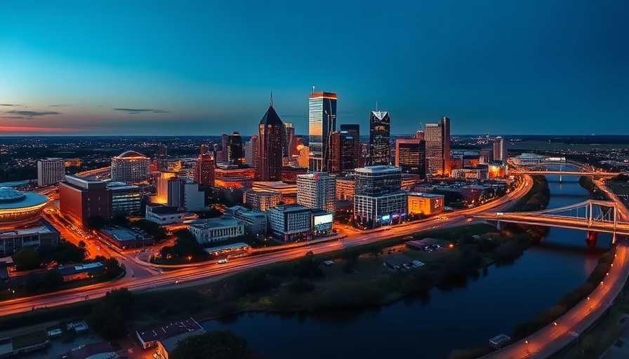 Austin city skyline at dusk with vibrant lights, river view.