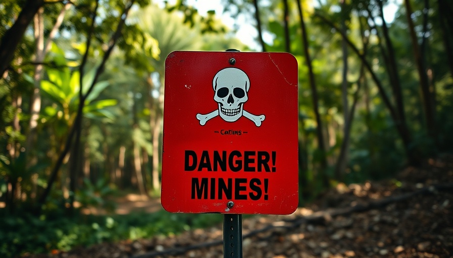 Danger mines sign in Cambodia forest highlighting landmine risk.
