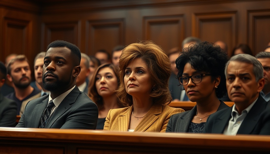 Courtroom scene with diverse group in formal setting, Texas case.