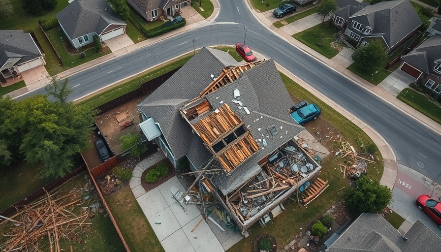 Aerial tornado damage 2025 tornado reports with scattered debris