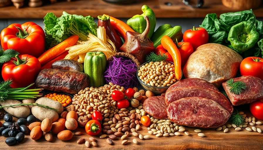Colorful protein sources on wooden table affecting gut microbiome.