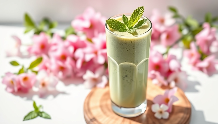 Refreshing mint matcha smoothie on wooden board with flowers.