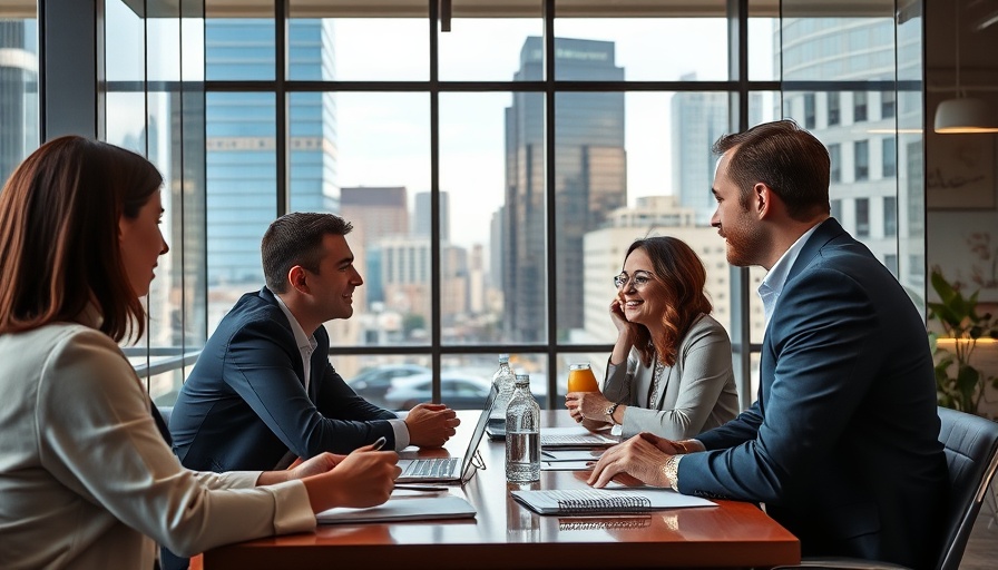Professionals in Austin office discussing business growth, vibrant scene.