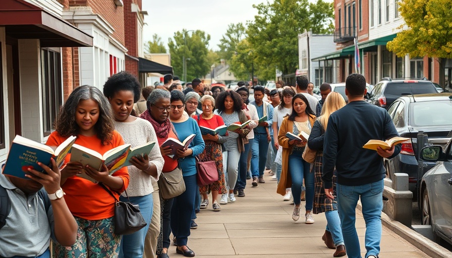 Michigan bookstore human chain move event on a small town sidewalk.